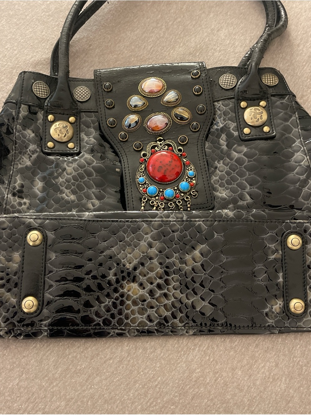 Black Embossed Patent Tote with Decorative Gem Accent - Picture 2 of 10